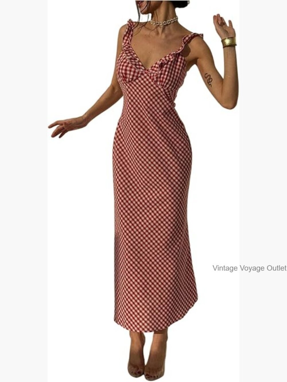 Gingham Maxi Dress Cute Ruffle Deep V Neck Sleeveless Sundress Summer Party